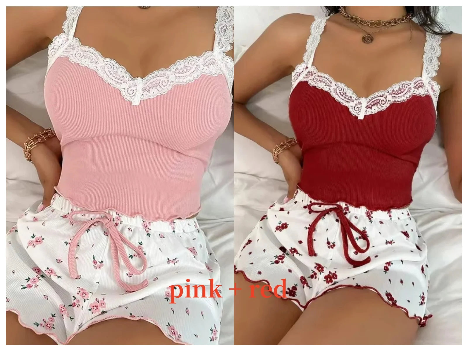 Pajama Set Pink Lace Patchwork Sexy