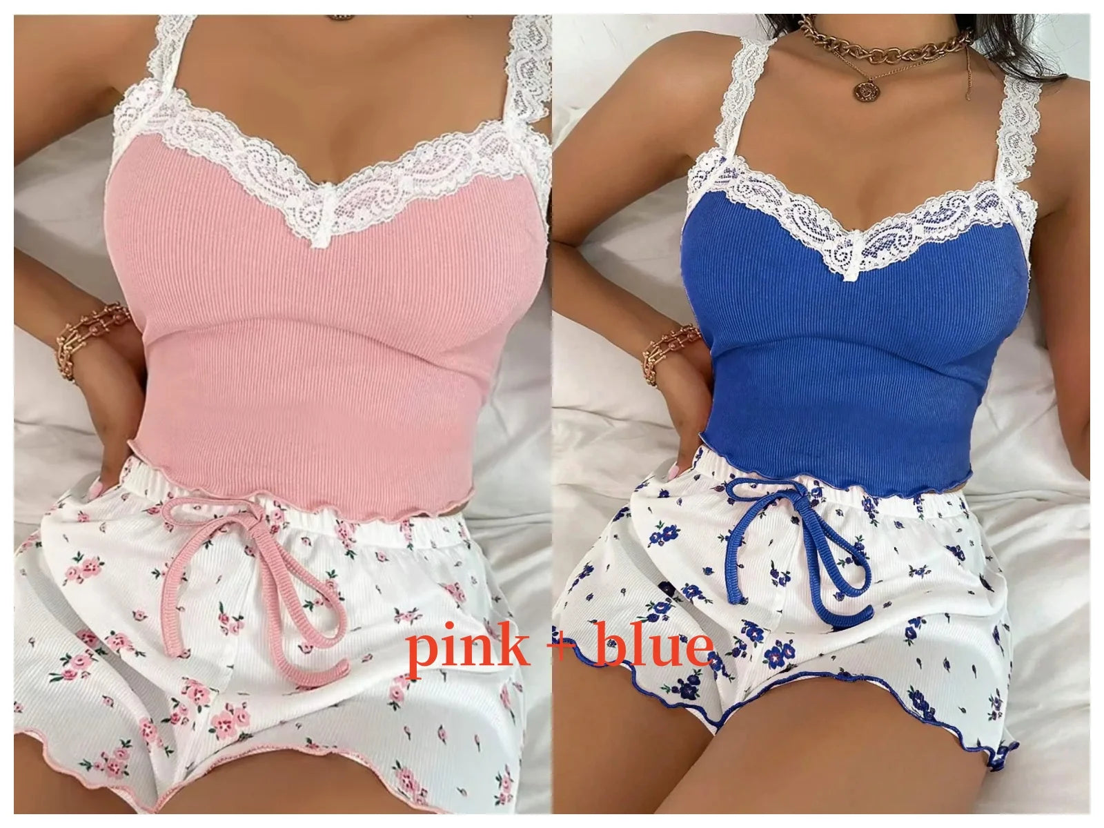 Pajama Set Pink Lace Patchwork Sexy