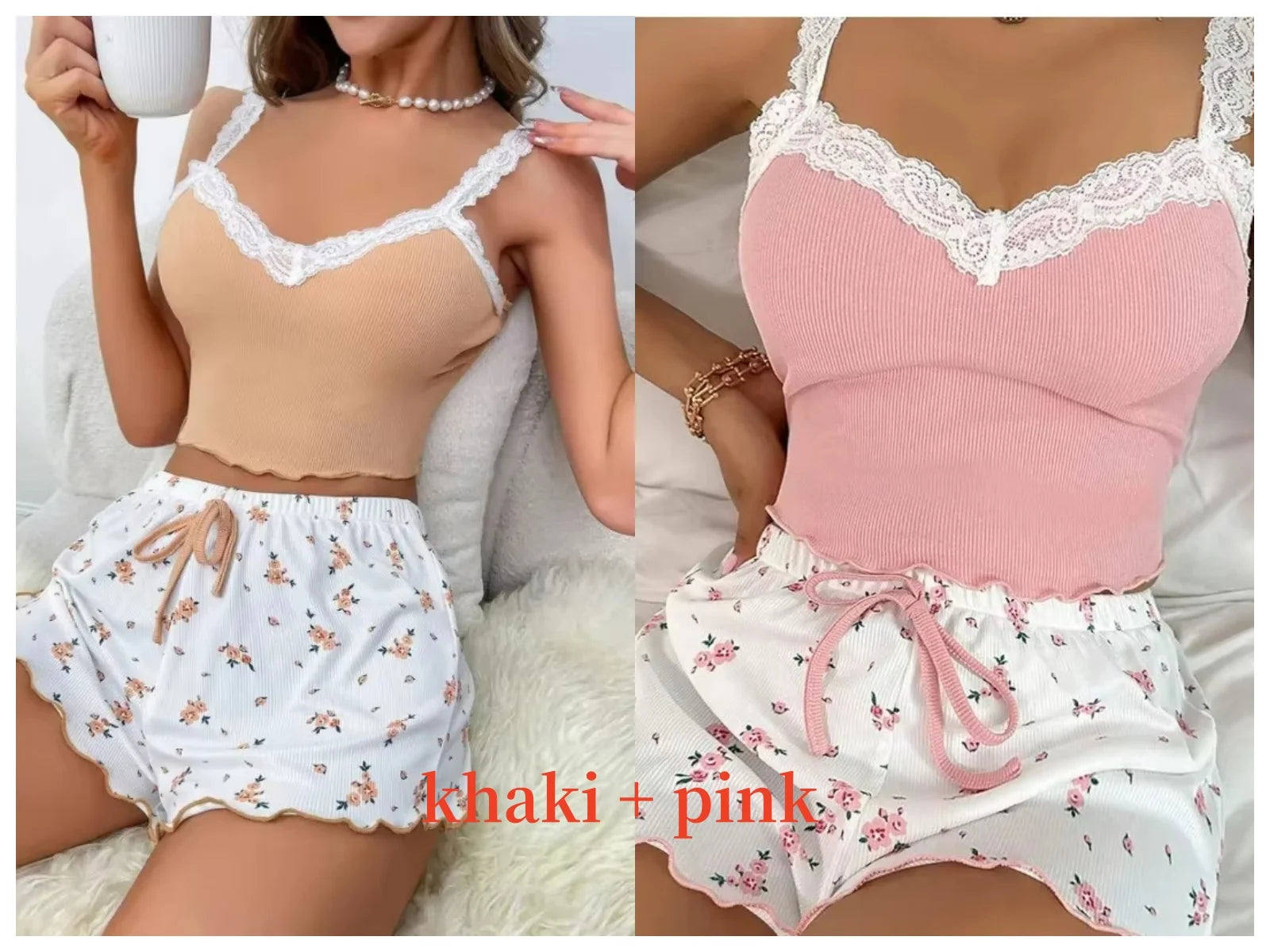 Pajama Set Pink Lace Patchwork Sexy