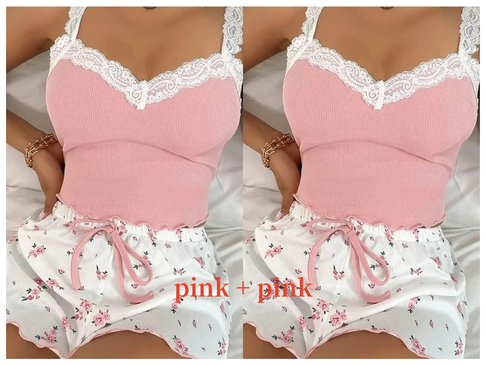 Pajama Set Pink Lace Patchwork Sexy